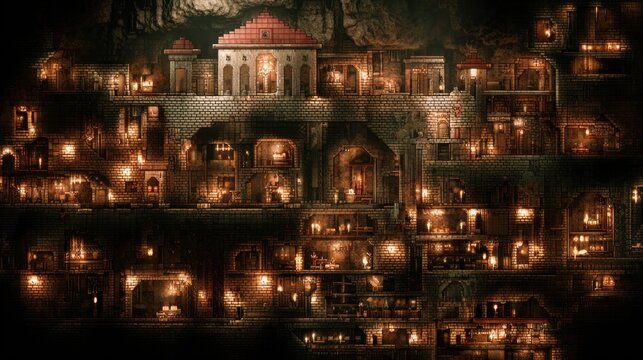 A subterranean city glows with warm light from countless windows, nestled within a cavernous landscape