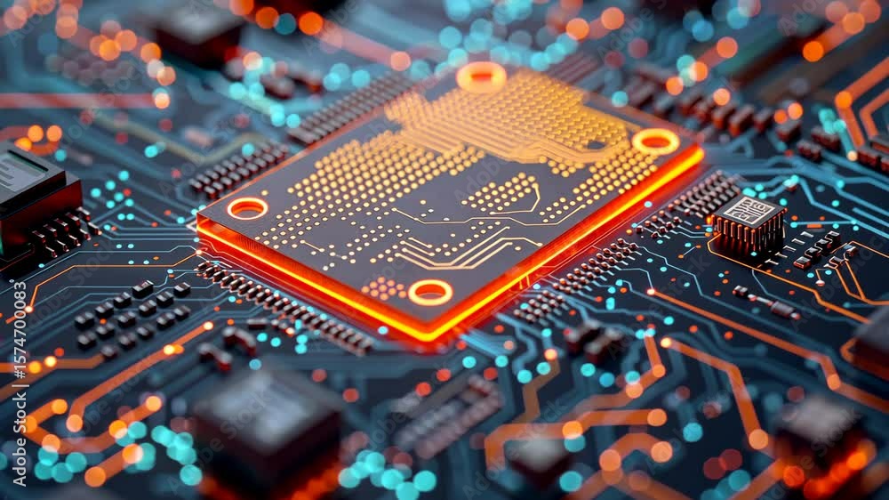 Poster futuristic printed circuit board server with intricate code processing, vibrant orange, green, and b