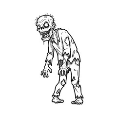 Fototapeta premium Cartoon zombie character in tattered clothes standing menacingly 