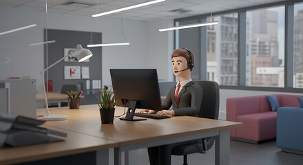 Cartoon Man with Headset Working on Computer in Office