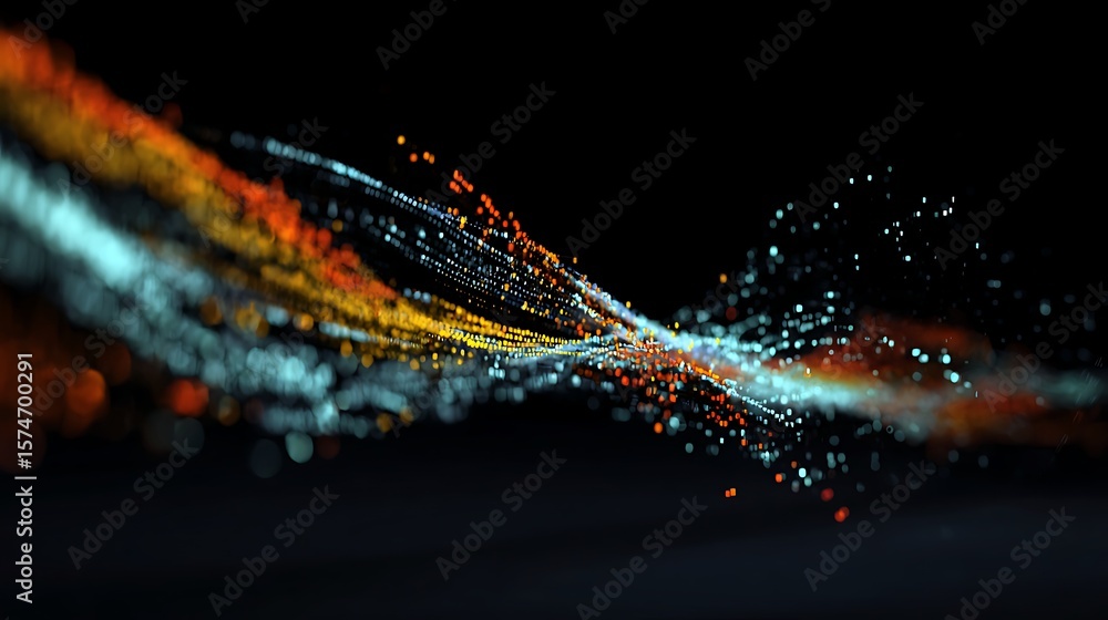 Poster a mesmerizing abstract wave of colorful particles flows across a dark digital background
