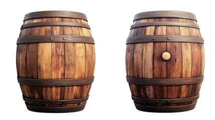 Obraz premium Old wooden barrel with metal bands and natural wood texture used for storage or decoration isolated on white background