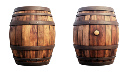 Old wooden barrel with metal bands and natural wood texture used for storage or decoration isolated on white background