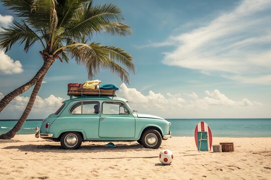 Vintage turquoise car loaded with luggage parked on a sandy beach under a palm tree
