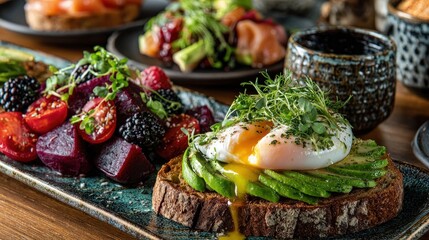 A beautifully plated gourmet meal featuring fresh vegetables, herbs, and a poached egg on rustic bread, set in a stylish dining environment.