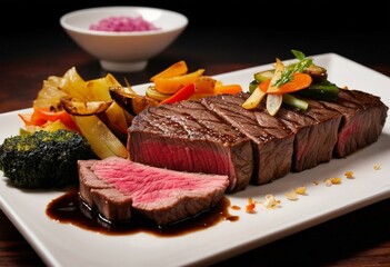 Grilled Steak with Roasted Vegetables on White Plate