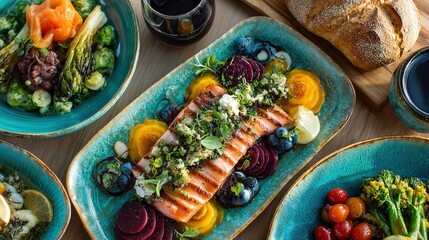 A beautifully arranged seafood dish featuring salmon, colorful vegetables, and fresh herbs served on decorative plates with a side of bread and drinks.