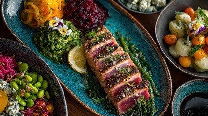 A beautifully plated dish featuring grilled fish, vibrant vegetables, and garnishes, showcasing gourmet culinary presentation.