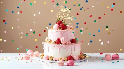 Pink Birthday Cake with Strawberries and Macarons – Festive Dessert Scene Featuring Gold Topper and Confetti Motion
 - Powered by Adobe