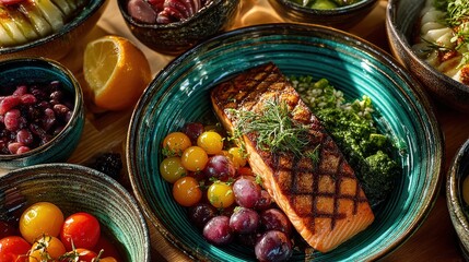 A beautifully arranged plate featuring grilled salmon surrounded by an assortment of colorful fruits and vegetables in rustic bowls.