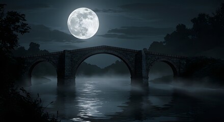 Mysterious Night Scene of an Ancient Stone Bridge Under a Full Moon with Reflections in Water