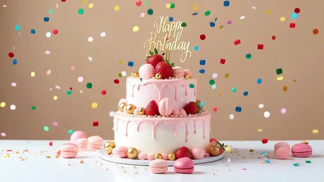 Pink Birthday Cake with Strawberries and Macarons &ndash; Festive Dessert Scene Featuring Gold Topper and Confetti Motion
