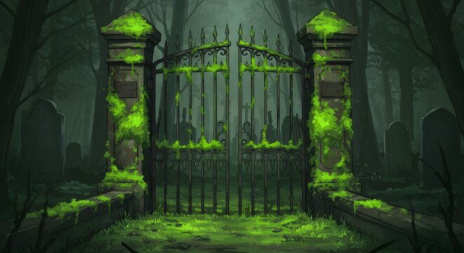 Mysterious Overgrown Gate Surrounded by Fog in a Dark Forest Cemetery at Twilight