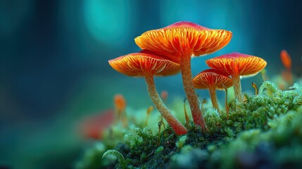 Colorful mushrooms grow on a mossy surface, surrounded by soft blurred greenery, creating a serene and vibrant natural scene.
