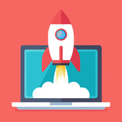 Rocket Launching From Laptop Screen Vector Graphic