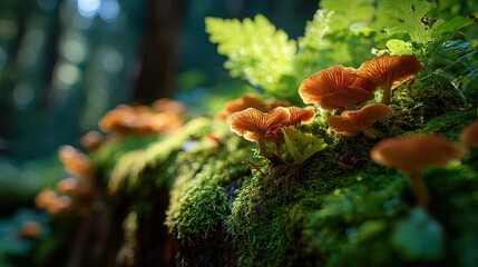 Lush forest scene with vibrant mushrooms growing on moss, illuminated by soft sunlight filtering through trees.
