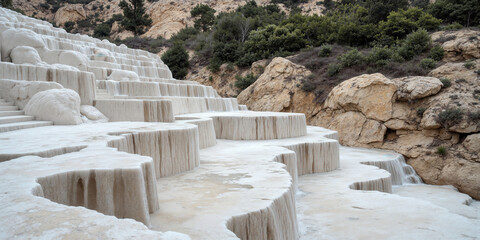 Ancient Travertine Terraces Mineral-rich water flowing over limestone formations creating abstract white sculptural steps in monochromatic palette without human presence.