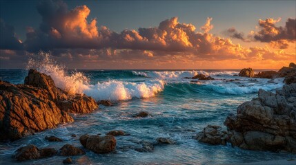 Sunset over the ocean with crashing waves against rocky shore and dramatic clouds in the sky.