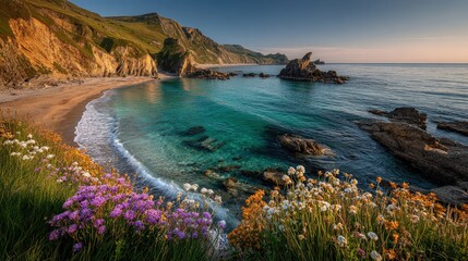 Serene coastal scene with rocky formations, gentle waves, and vibrant wildflowers along the shoreline during sunset.