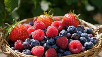 Fresh summer berries in a woven basket, sweet strawberries and raspberries - Powered by Adobe