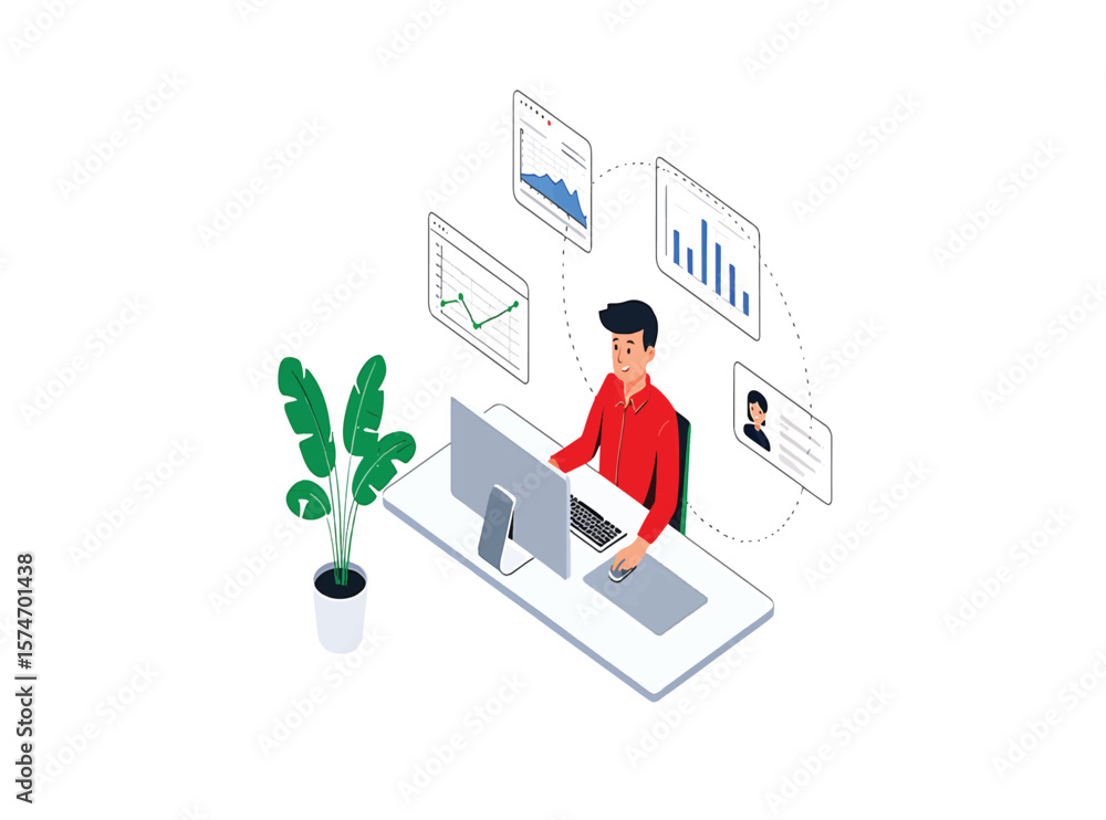 Poster data analysis isometric illustration of a person working with data