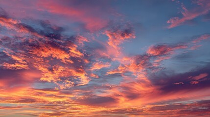 Vibrant sunset sky filled with colorful clouds in shades of pink, orange, and blue, creating a serene and picturesque atmosphere.