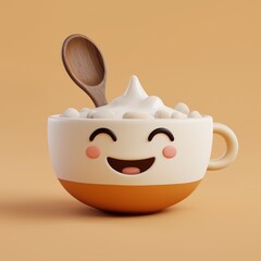 Cute Smiling Mug of Marshmallow Cocoa on Orange Background