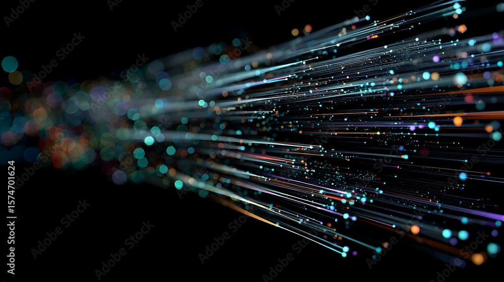 Poster fiber optic cables create a dynamic abstract background with glowing light trails