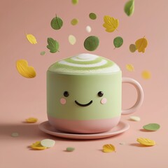Matcha Latte Cup with Kawaii Face and Falling Leaves on Pink Background