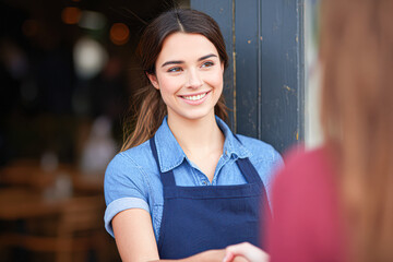 A smiling young woman wearing a blue shirt and apron greets someone warmly, likely in a restaurant or cafe setting.