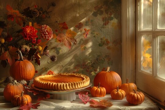 Delicious pumpkin pie is surrounded by pumpkins of various sizes and colorful autumn leaves next to a window in warm sunlight