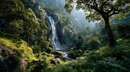 Lush forest surrounding a majestic waterfall, with dappled sunlight filtering through the trees, creating a serene, natural atmosphere.