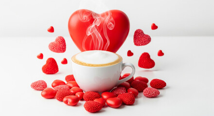 Photo of a white cup of frothy coffee with steam rising, surrounded by numerous red hearts and heartshaped candies on a white background