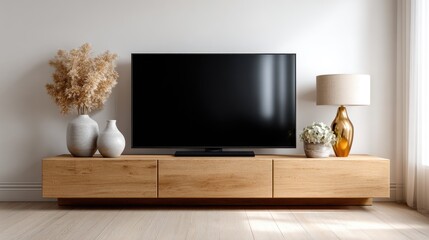 Modern wooden entertainment center with television and decor.