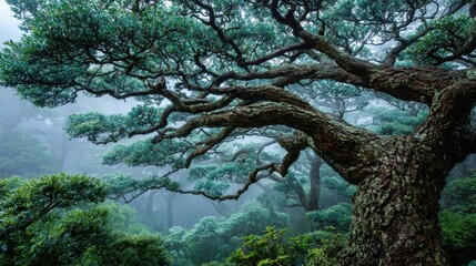 Majestic tree branches extend over a misty landscape, showcasing intricate textures and natural beauty in a serene environment.