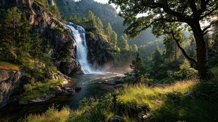 Lush waterfall cascading into a tranquil river, surrounded by dense trees and serene wilderness, evoking peace and natural beauty.