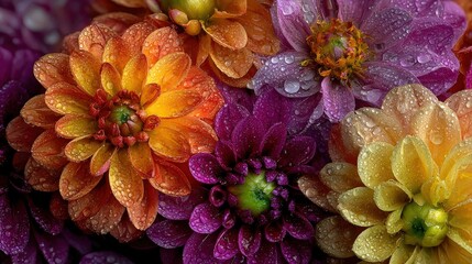 Colorful flowers with intricate details and water droplets create a vibrant, textured image, showcasing nature's beauty and elegance.