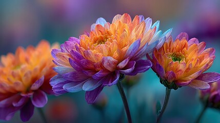 Colorful flowers with intricate petals against a soft, blurred background, creating a vibrant and artistic floral display.