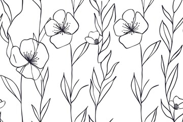 Seamless floral pattern, minimalist line art flowers, black ink on white background, modern botanical design, Scandinavian style, clean and elegant, tileable pattern