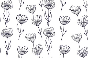 Seamless floral pattern, minimalist line art flowers, black ink on white background, modern botanical design, Scandinavian style, clean and elegant, tileable pattern