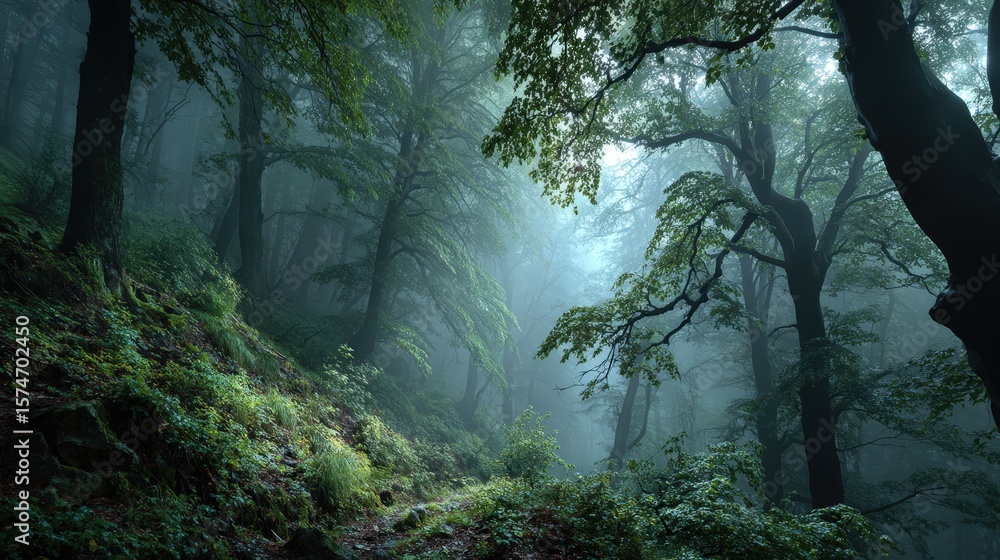 Aufkleber misty forest with trees enveloped in fog, creating an ethereal and tranquil atmosphere.
