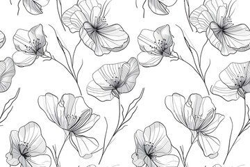 Seamless floral pattern, minimalist line art flowers, black ink on white background, modern botanical design, Scandinavian style, clean and elegant, tileable pattern