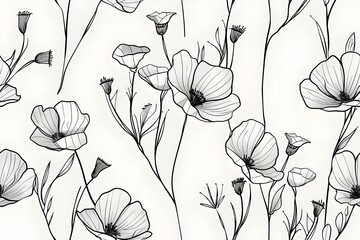 Seamless floral pattern, minimalist line art flowers, black ink on white background, modern botanical design, Scandinavian style, clean and elegant, tileable pattern