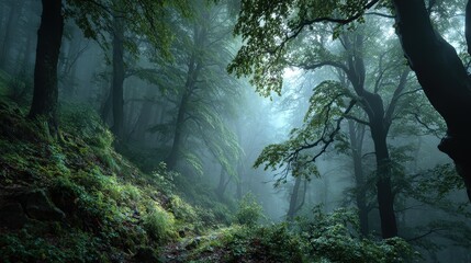 Misty forest with trees enveloped in fog, creating an ethereal and tranquil atmosphere.