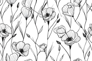 Seamless floral pattern, minimalist line art flowers, black ink on white background, modern botanical design, Scandinavian style, clean and elegant, tileable pattern