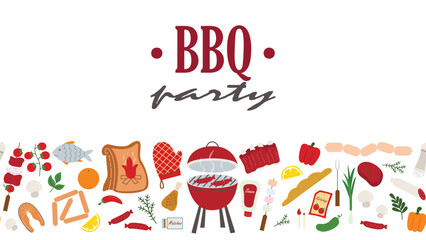 Fototapeta premium Horizontal bbq party banner. Seamless border of sausage, meat, vegetables, sausages, kebab maker, sauces and ribs. Summer picnic, vector graphic
