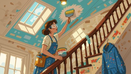 Person painting ceiling, decorating with paintbrush in hand, determined expression. Concept of person painting ceiling, showcasing vibrant colors and cartoonish style.