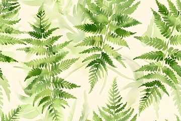 Seamless fern leaves pattern, watercolor style, soft green tones, delicate botanical texture, hand-painted look, airy and natural, tileable design