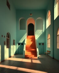 Spacious interior featuring a staircase, large windows, and soft natural light, creating a serene atmosphere.