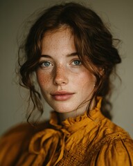 A young woman with freckles wearing a vibrant yellow blouse, gazing thoughtfully at the camera with a soft, natural background.